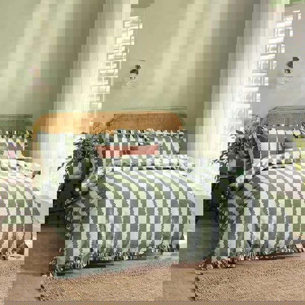 Wylder Birdie Ruffles Stripe Duvet Cover Set - Bay Green/Mist