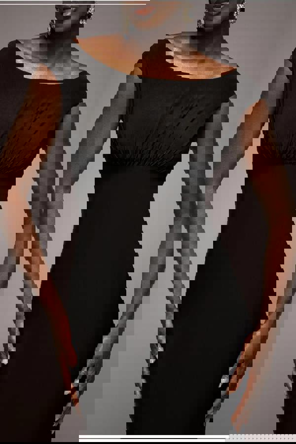 Open Back Cowl Neck Gathered Maxi Dress With Velvet Tie Back - Black DR4856