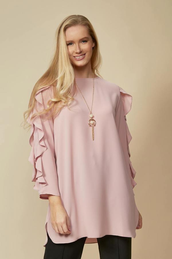 Hoxton Gal Oversized Ruffle Sleeve Relaxed Fit Tunic in Pink
