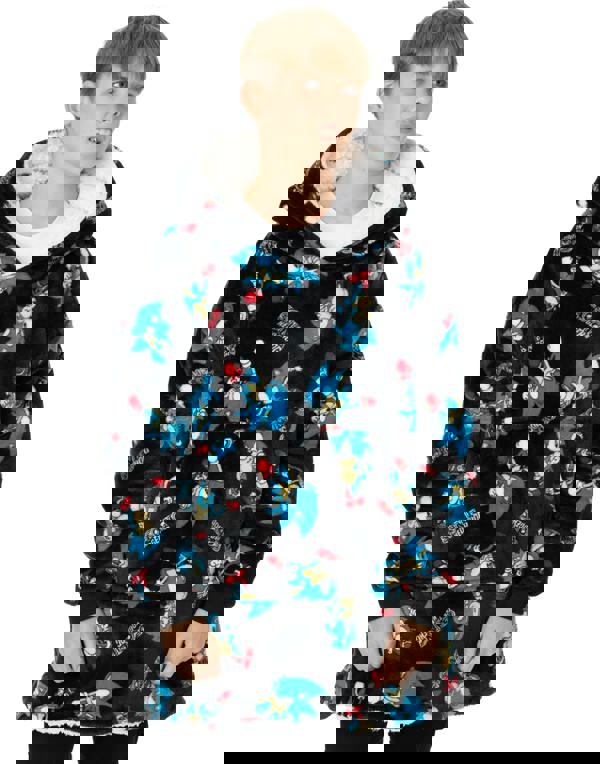 Sonic the Hedgehog Unisex Kids Black Sonic & Logo All-Over Print Blanket Hoodie