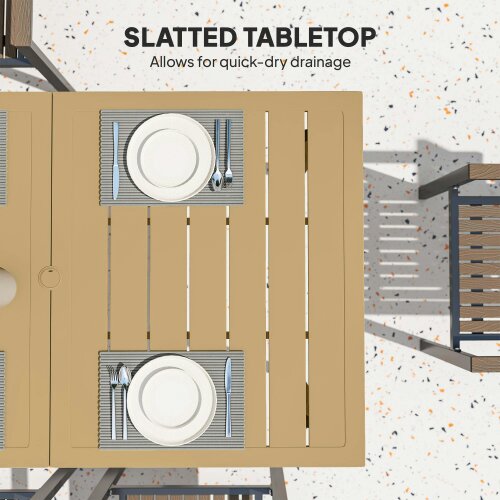Wyld Haus Safafa 150cm Metal Brown Rectangular Garden Dining Table With Slatted Top And Parasol Hole