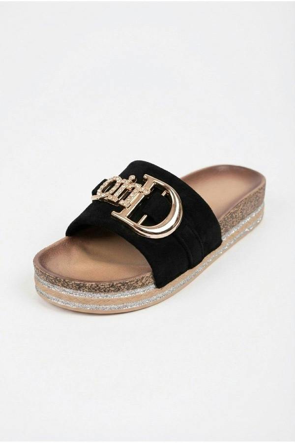 Mia Womens Embellished Cork Platform Sliders - BLACK