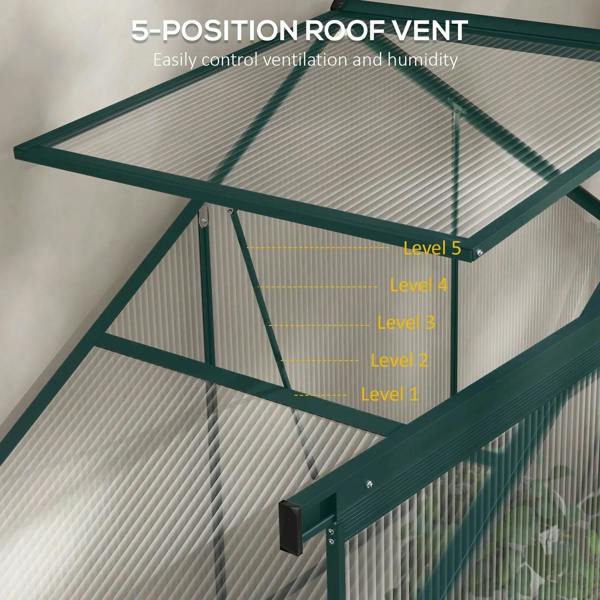 Green polycarbonate greenhouse with roof vent panels and multi-level ventilation bar