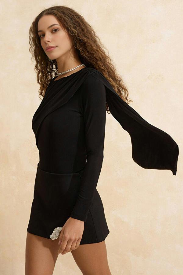 WOVCOR Cape Detail Ruched Knit Party Bodysuit
