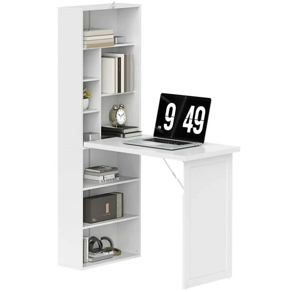 White three-part work desk with writing board and open storage shelves on the side