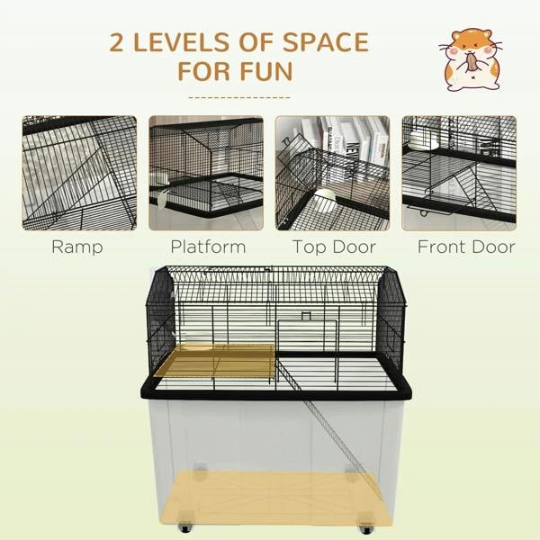 Two-level hamster cage with ramp and platform plus front and top door access