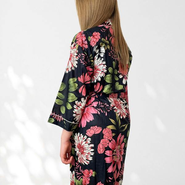 Hayley & Co Black and Pink Flower Print 100% Cotton Dressing Gown