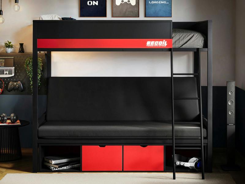 Nova Storage Gaming Metal Bunk with Futon Black & Red