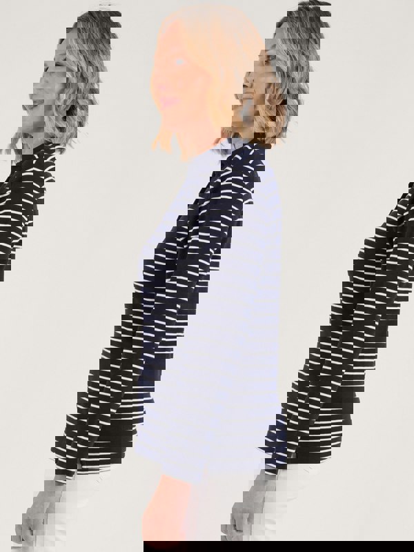 PennyPlain Henley Striped Polo Top - French Navy/ivory