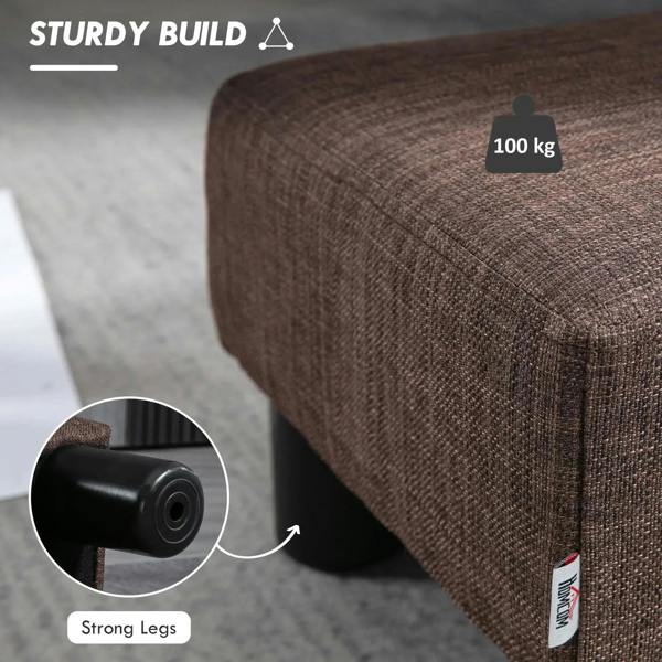 Brown linen ottoman cube corner detail with stitched fabric and black plastic legs