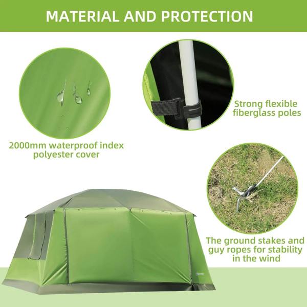 Green two-room tunnel camping tent with waterproof fabric cover and ground stakes