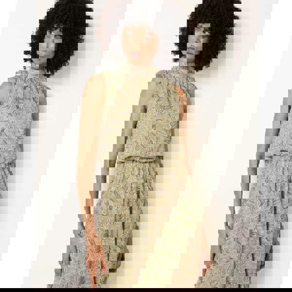 Blue Vanilla Paisley Print Rhinestone High Neck Midi Dress