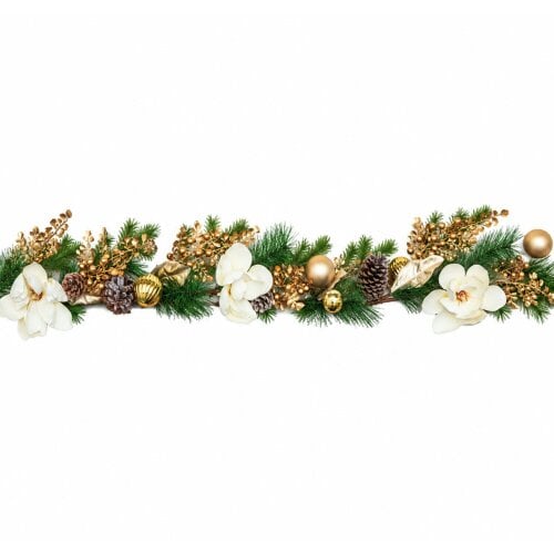 Samuel Alexander 1.8m Champagne Magnolia Decorated Christmas Garland with Gold Baubles