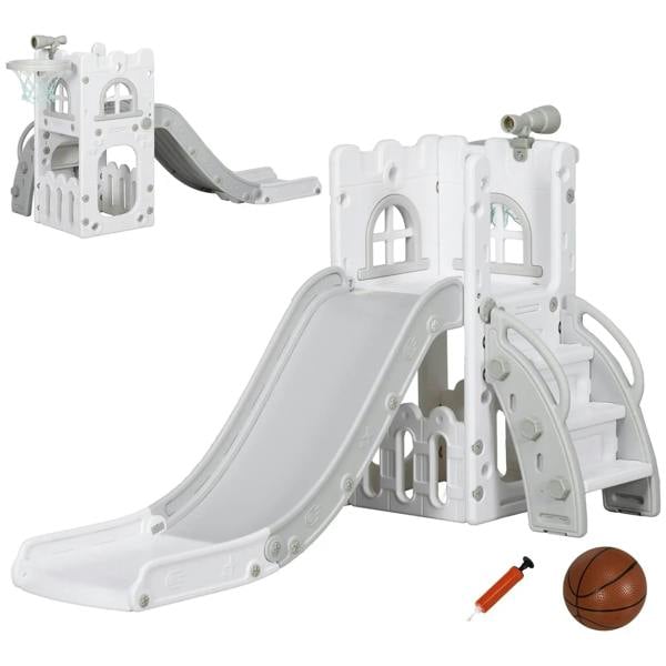 Toddler playset with light grey slide, basketball hoop, and telescope attachment