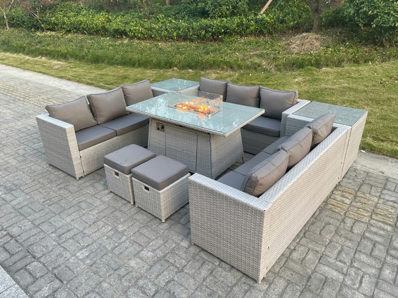 Fimous Rattan Garden Furniture Set with Gas Fire Pit Heater Table, 3 Sofas, 2 Side Tables, 2 Foot Stools - 11 Seater - Light Grey