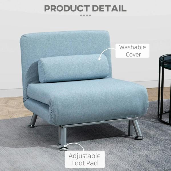 Sky blue convertible sleeper chair with washable cover and adjustable foot pads