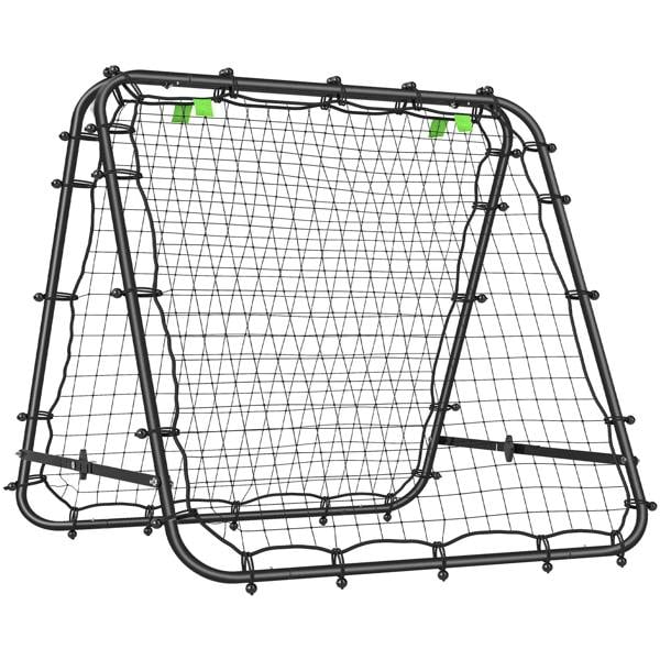 Black double-sided football rebounder net with adjustable-angle frame and net