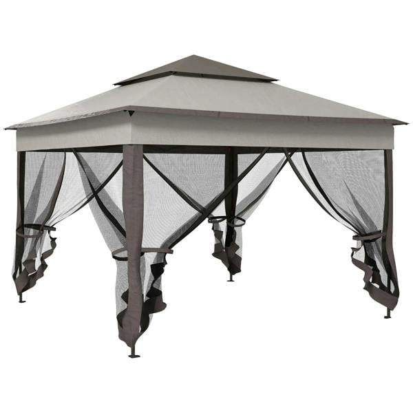 Light grey double-roof pop-up gazebo with mesh side curtains and hanging valance