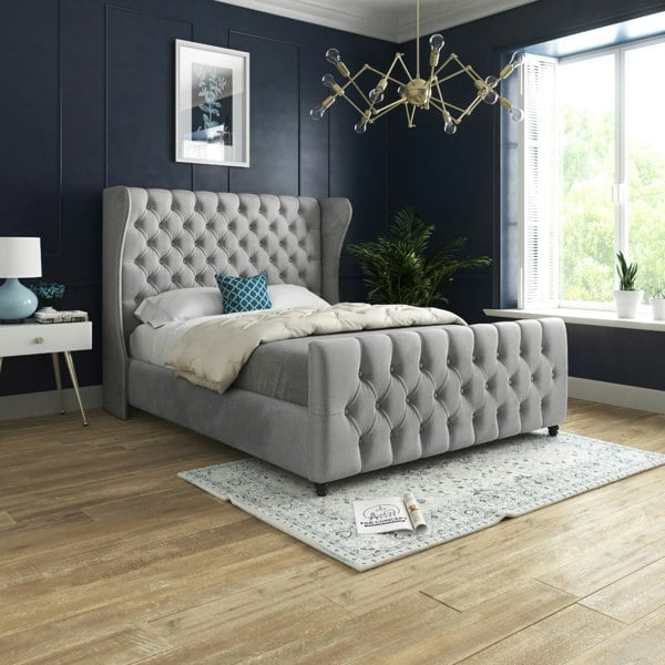 Casa Magna Donati Straight Curved Top Upholstered Soft Velvet Bed Frame - Grey