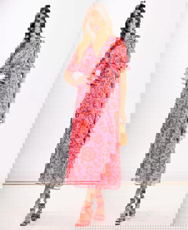 Pink floral Chiffon Flutter Sleeve Midi Dress