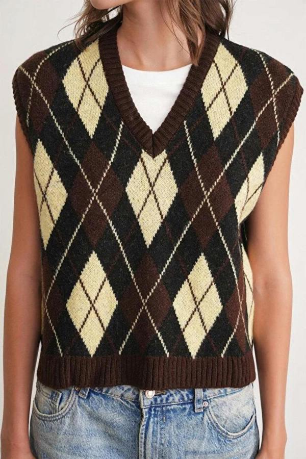 Hoxton Gal Argyle Pattern Knit Sweater Vest