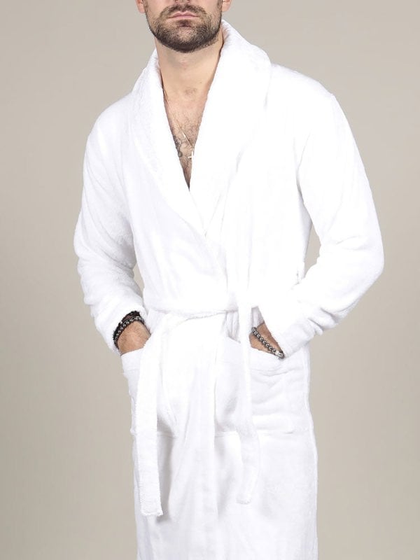 Model wearing luxurious white cotton bathrobe