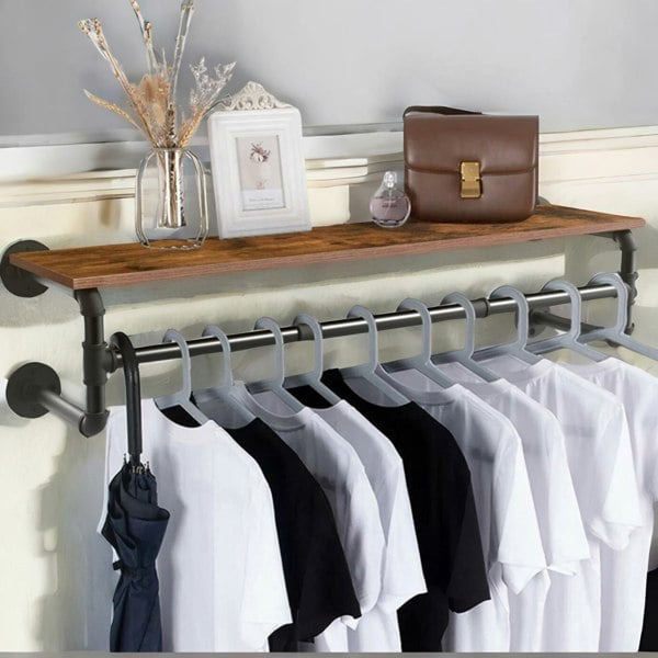 Rafaelo Mobilia Industrial Heavy Duty Pipe Wall-Mounted Floating Shelf With Hanging Rail Brown