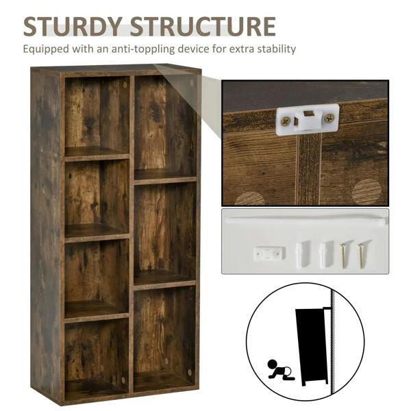 Rustic brown 7-cube bookcase with anti-tipping hardware, close-up corner view