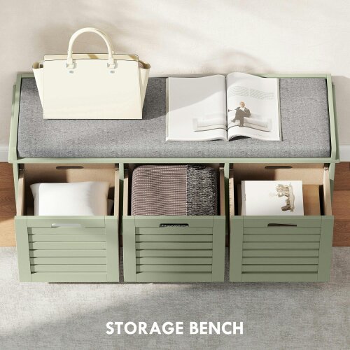 Wyld Haus Dilena Wooden Green 3 Drawer Shoe Storage Bench with Grey Padded Seat