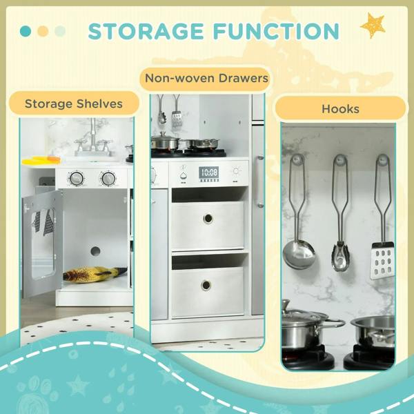 White kids toy kitchen with storage shelves, non-woven drawers and utensil hooks