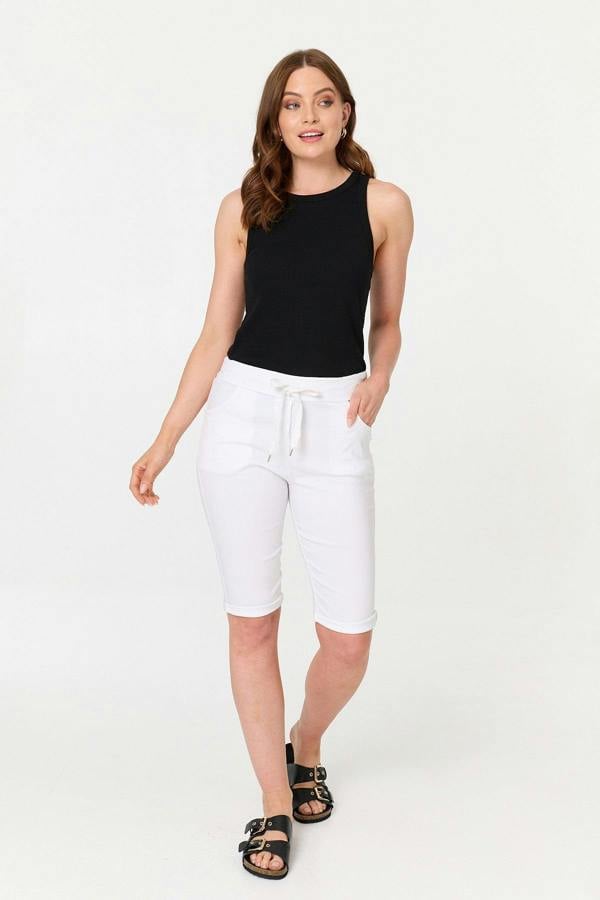 White | Tie Front Slim Knee Length Shorts
