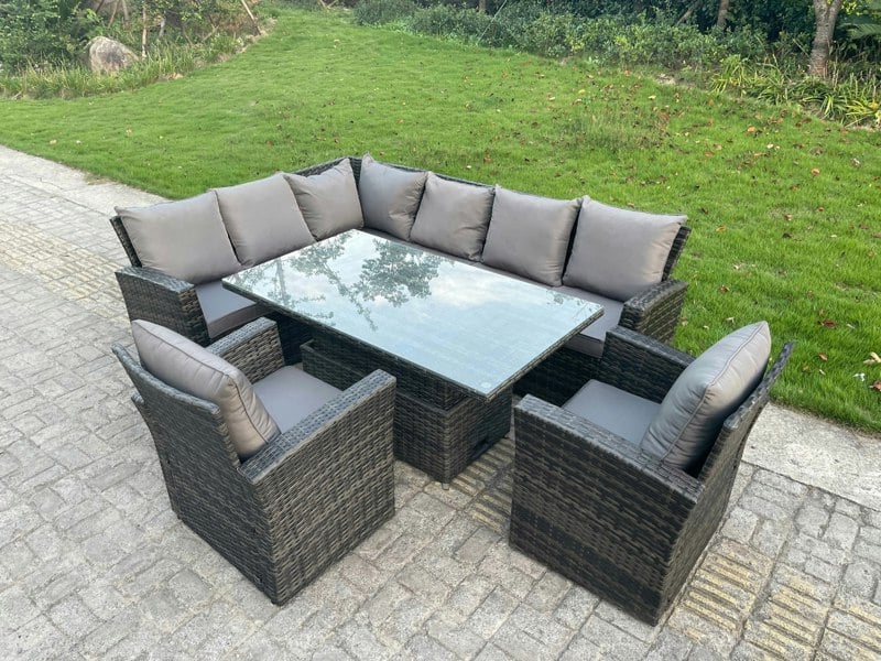 Fimous High Back PE Rattan Corner Sofa Set Garden Furniture Adjustable Rising Lifting Table Set With 2 Armchair