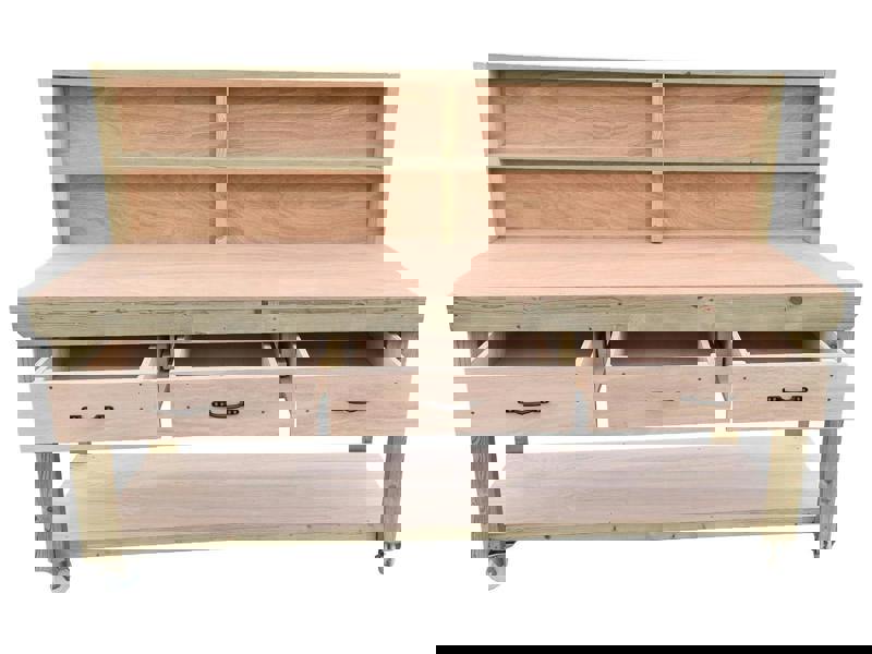 Wooden eucalyptus Top Workbench – Mobile Tool Cabinet with Drawers, Back Panel and wheels, Ideal for Dry Indoor Spaces Such as Garages, Workshops, and Studios.