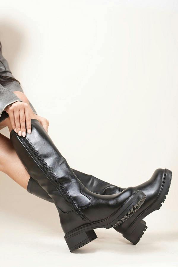 Zerina Chunky Knee High Zip-up Boots - Black