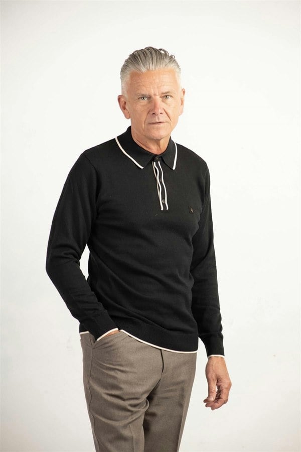 Gabicci V00GM09S Mens Lineker Long Sleeve Knitted Polo Gabicci Vintage - BLACK