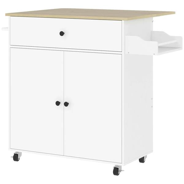 White rolling kitchen island cart with drawer, cabinet doors, and casters
