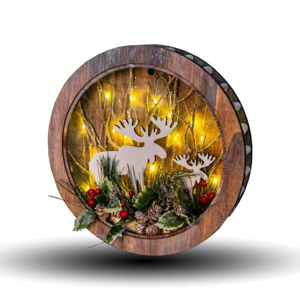 3cm Wooden Reindeer Scene Wreath Decoration with Micro Rice LEDs image 1