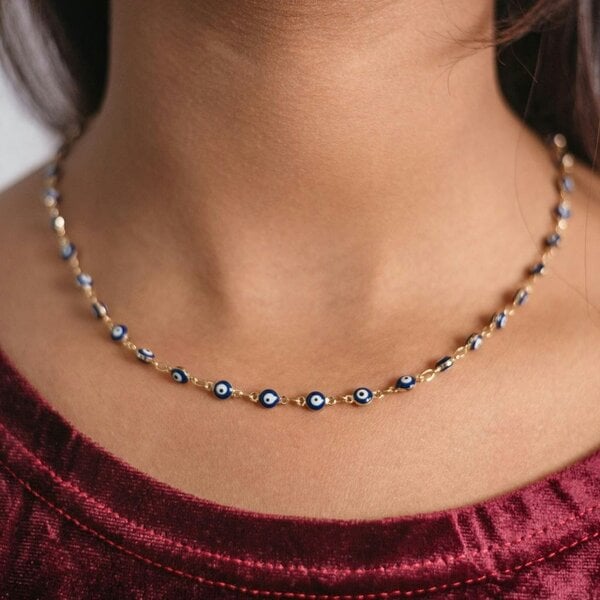 The Colourful Aura Evil Eye Blue Devil Eye Bead Minimalist Adjustable Turkish Boho Nazaria Necklace - Gold