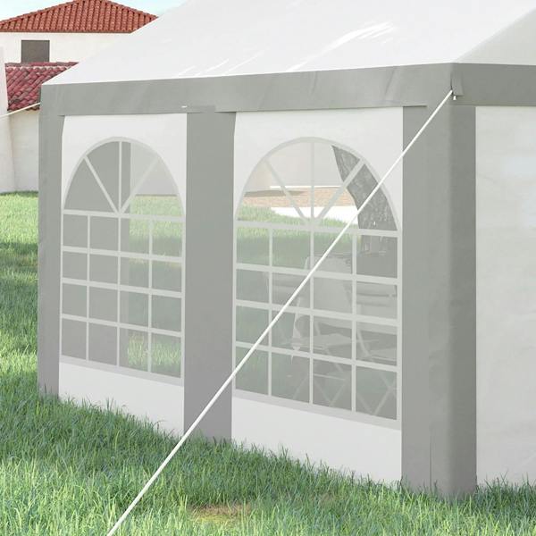 Light grey gazebo side with arched window panel and attached door curtain tie-down