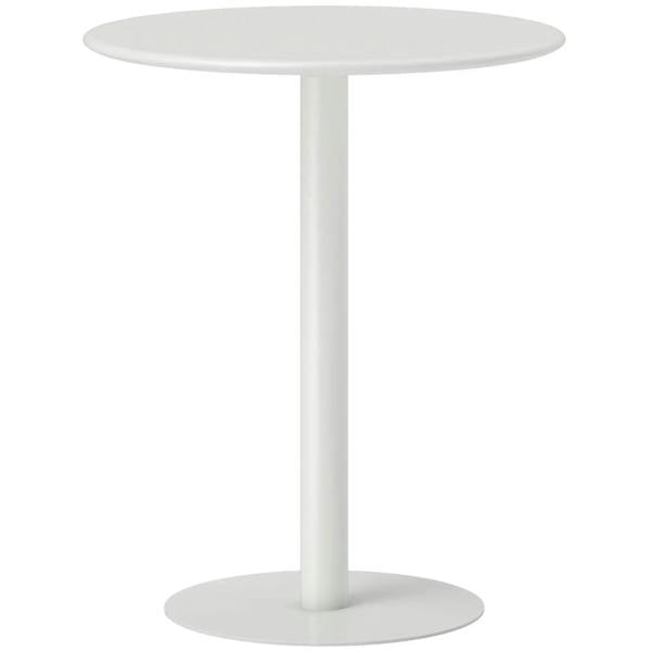 Round white dining table with steel pedestal base