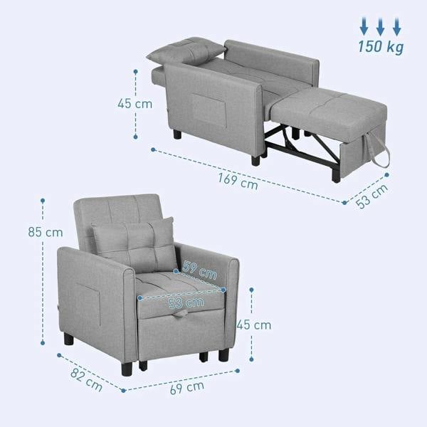 Light grey single chair bed with open bed frame and size dimensions diagram