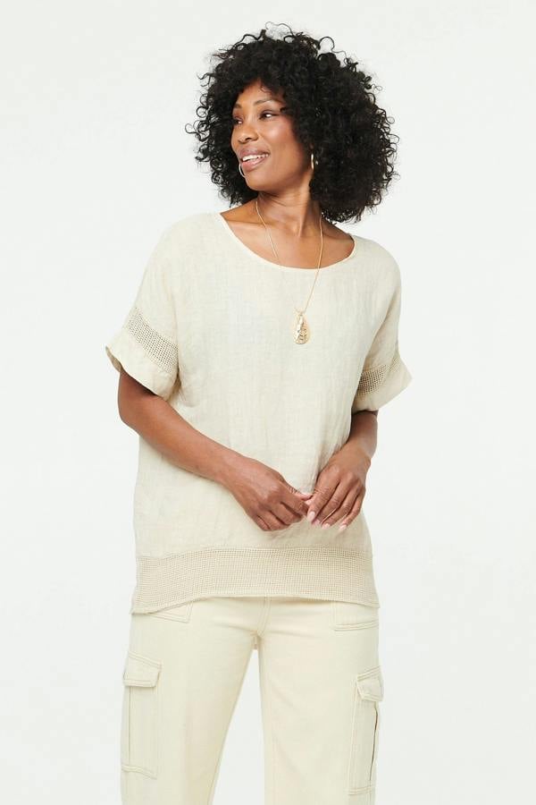 Linen | Relaxed Mesh Trim 1/2 Sleeve Top