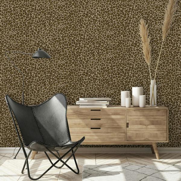 Grandeco Paul Moneypenny Natural Brown & Gold Luxury Leopard Print Textured Wallpaper for Grandeco