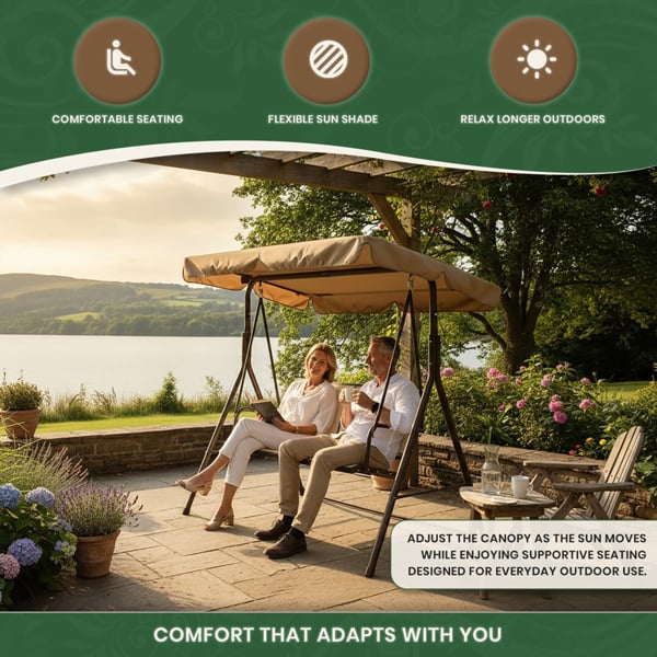 Textoline & Steel 2 Seater Swing Seat with Adjustable Angled Canopy, Light Beige Textoline and Brown Steel Frame, Flat Pack