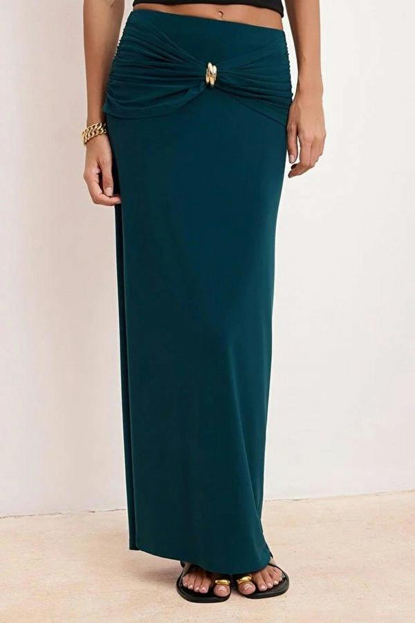 WOVCOR Knitted Maxi Fishtail Skirt with Gold Accessory Details
