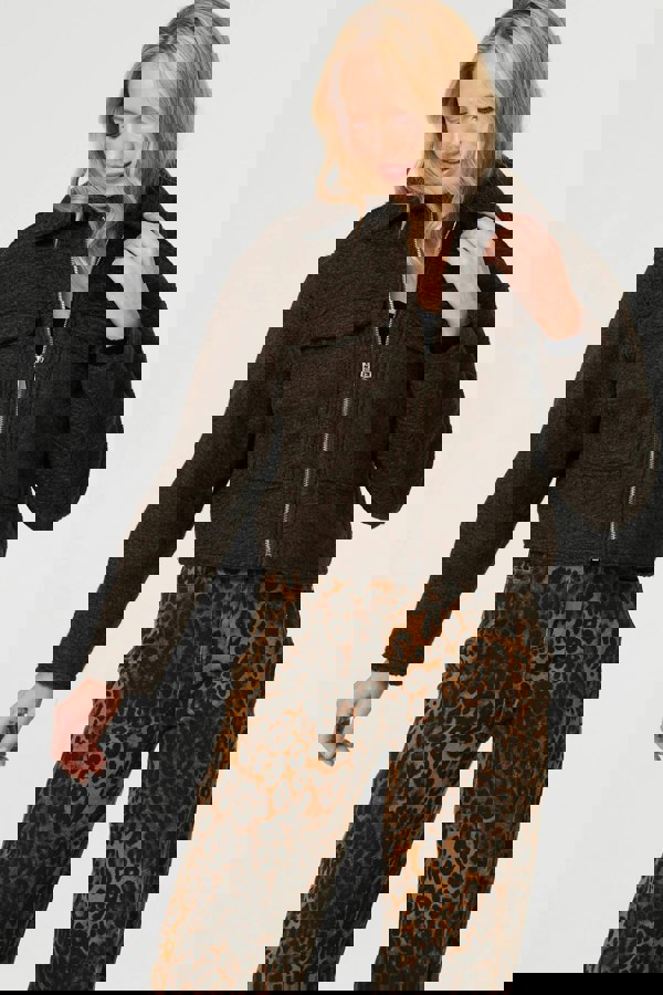 Brown | Collared Pocket Front Cropped Jacket
