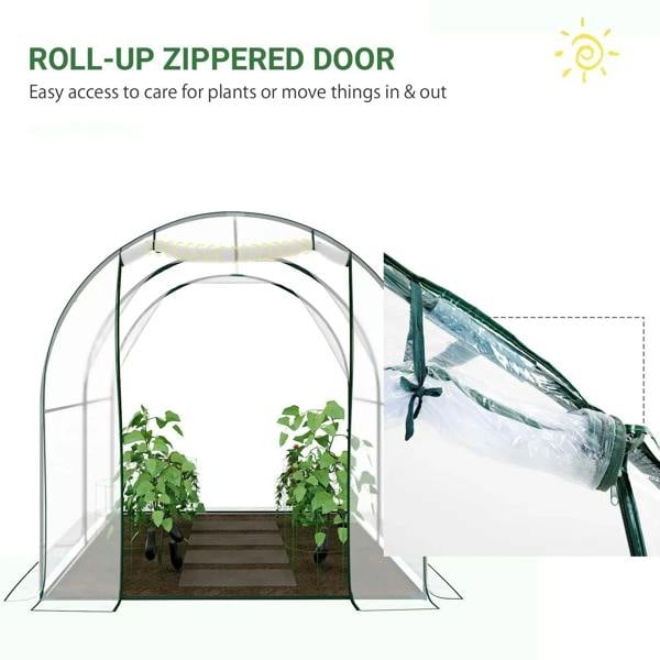 Walk-in polytunnel greenhouse with rolled-up zippered door and clear PVC walls