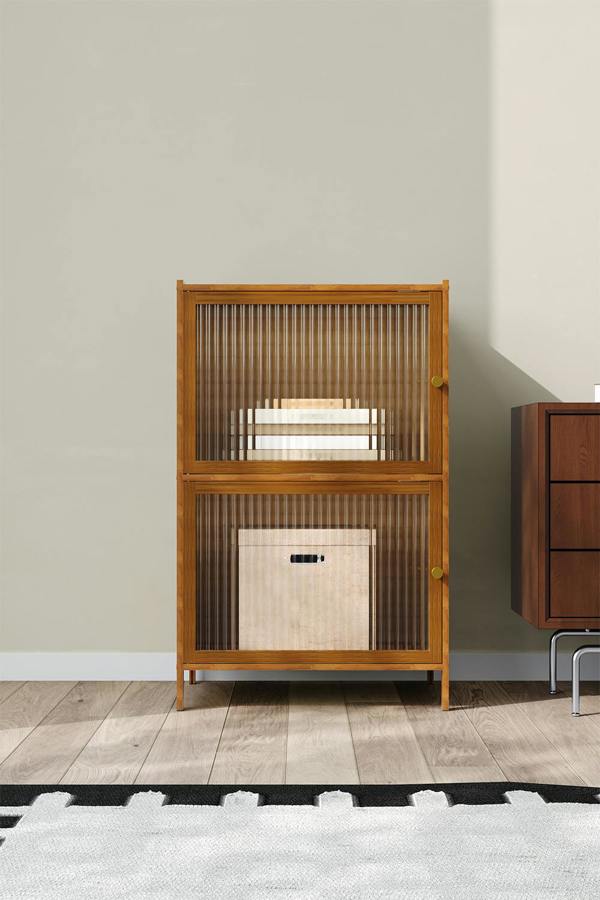 Living and Home Versatile 2-Tier Bamboo Storage Cabinet Bookcase Bookshelf Storage Rack w/ Doors