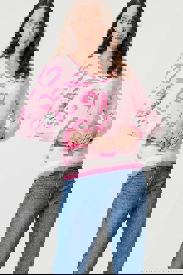 Pink | Animal Print Long Sleeve V-Neck Jumper
