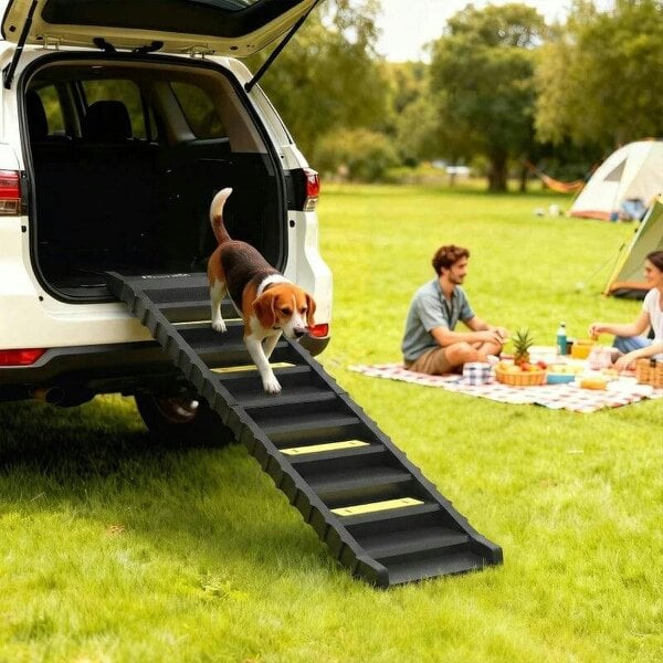 Dog Car Ramp with Anti-Slip Steps, 10-Steps Pet Stairs for Pets to Access Cars and High Beds, Black - Black